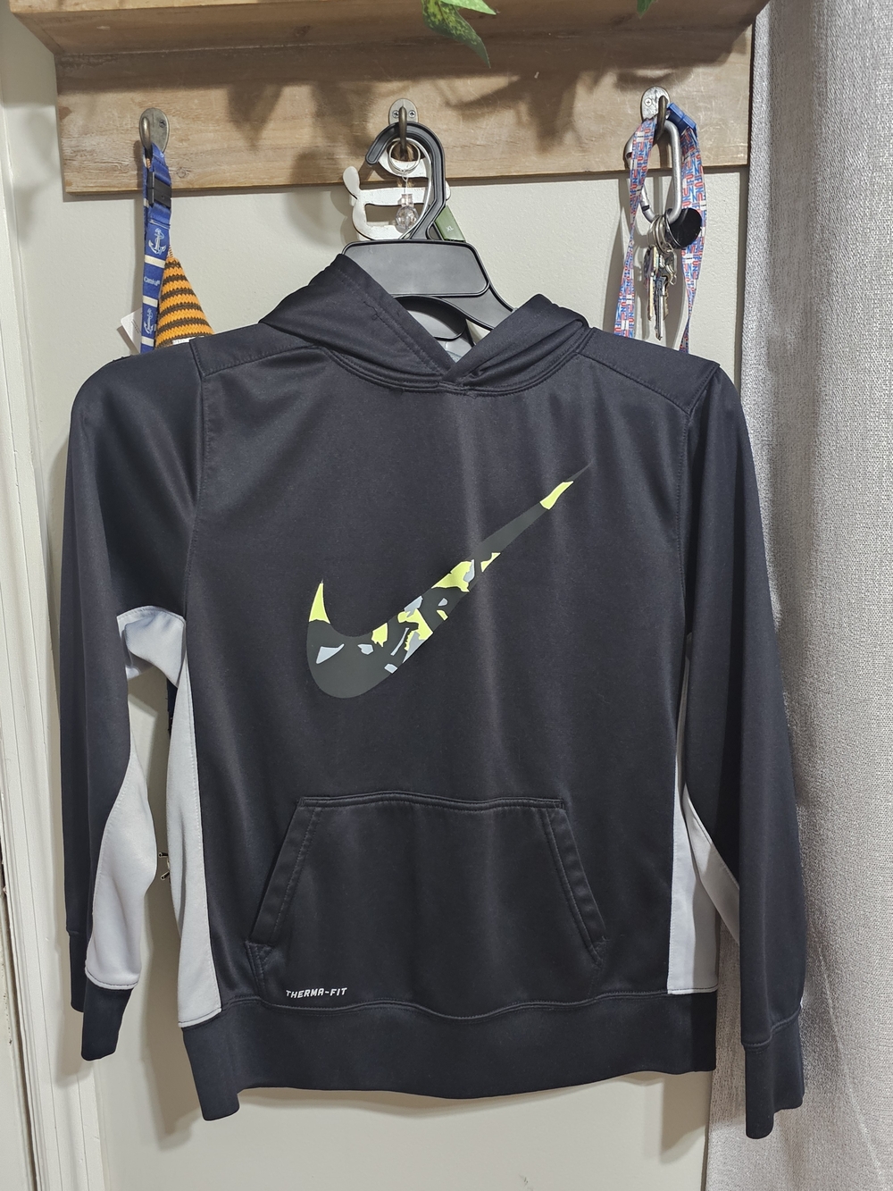 Nike Black Hoodie with White Panels and Neon Yellow Swoosh